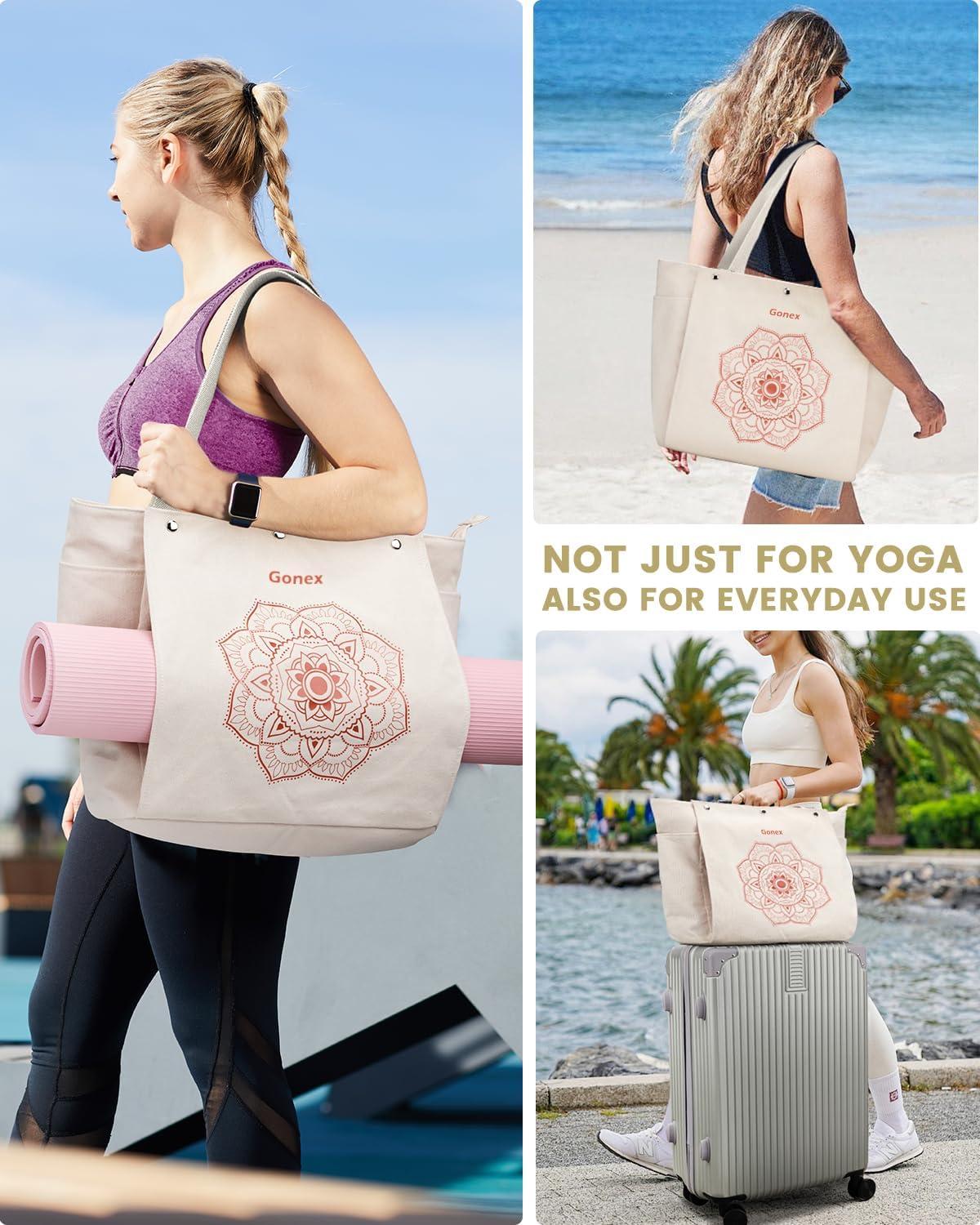 image:imageGonex Yoga Mat Bag Yoga Gym Bag Tote Bag with Multi Pockets For Women Men Canvas Yoga Mat Carrier Take in Out Mat Easily For Pilates Travel Workout OfficeBeige
