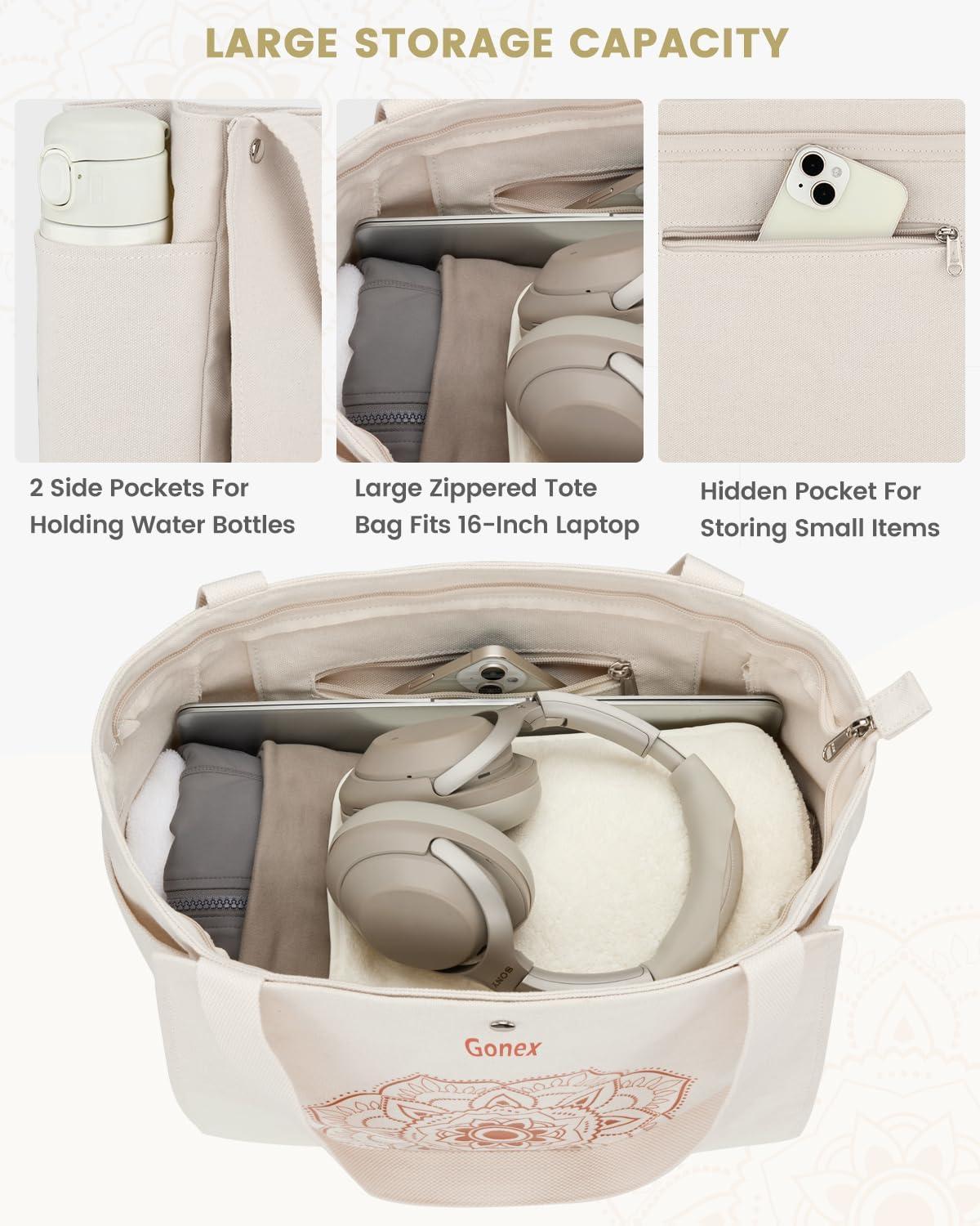 image:imageGonex Yoga Mat Bag Yoga Gym Bag Tote Bag with Multi Pockets For Women Men Canvas Yoga Mat Carrier Take in Out Mat Easily For Pilates Travel Workout OfficeBeige