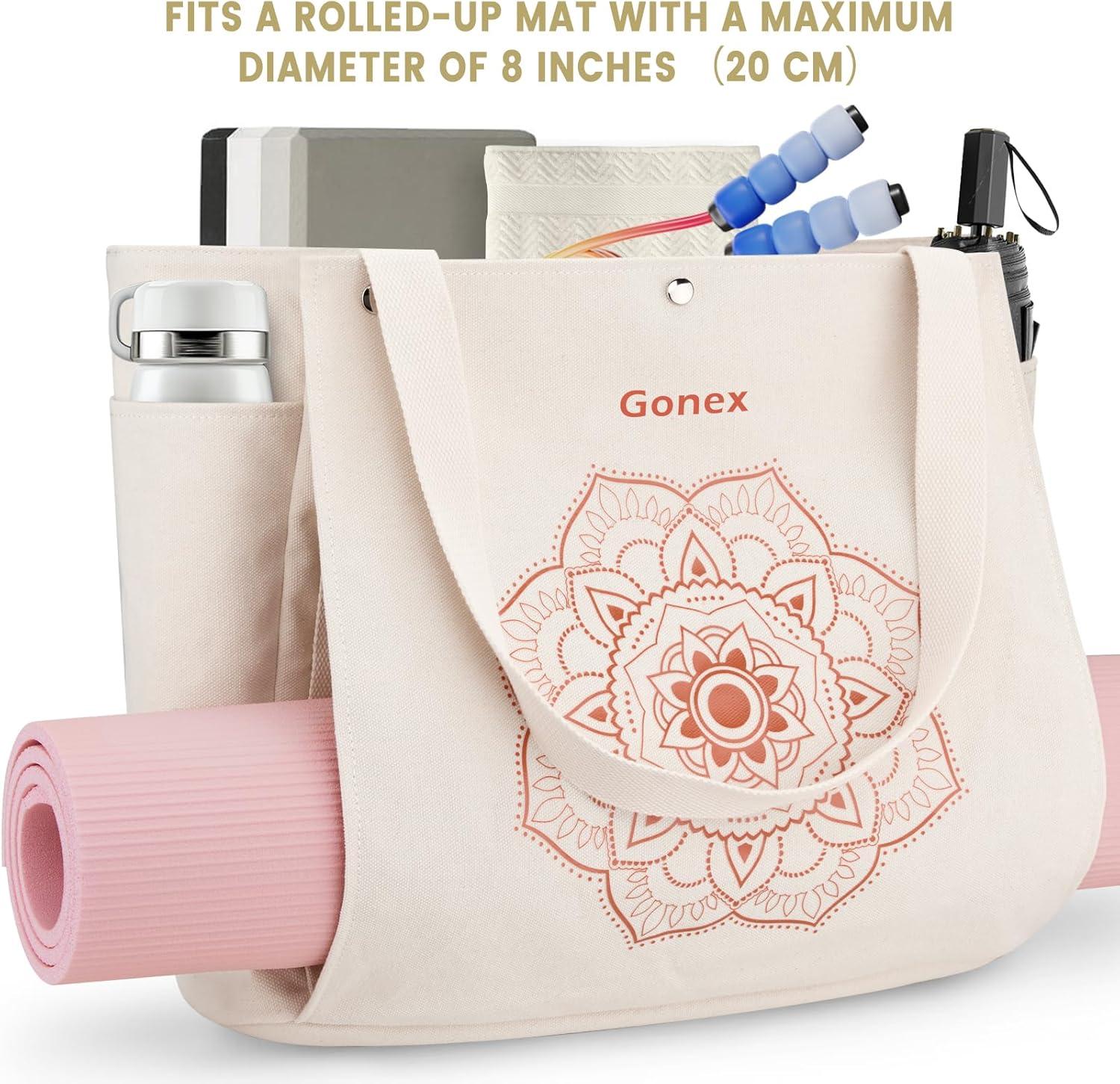image:imageGonex Yoga Mat Bag Yoga Gym Bag Tote Bag with Multi Pockets For Women Men Canvas Yoga Mat Carrier Take in Out Mat Easily For Pilates Travel Workout OfficeBeige