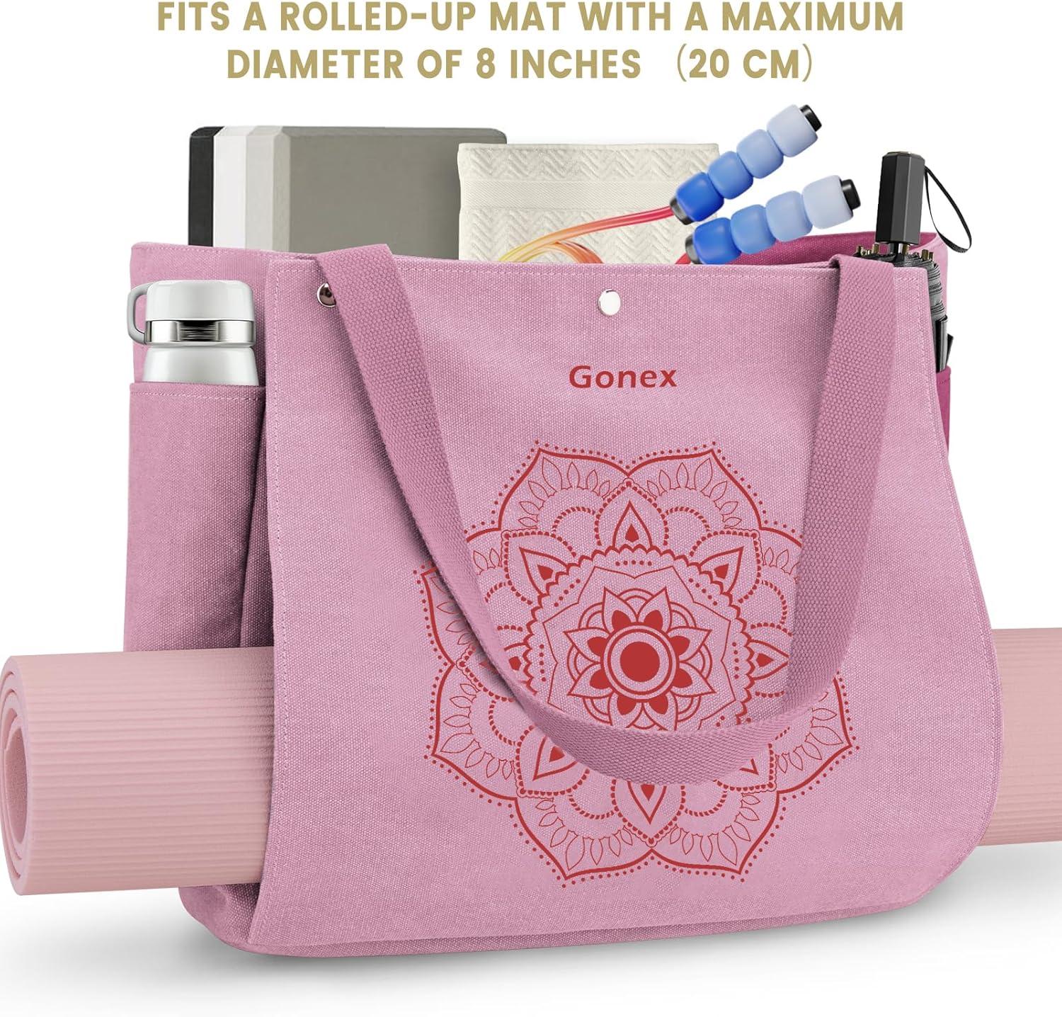 image:imageGonex Yoga Mat Bag Yoga Gym Bag Tote Bag with Multi Pockets For Women Men Canvas Yoga Mat Carrier Take in Out Mat Easily For Pilates Travel Workout OfficePink