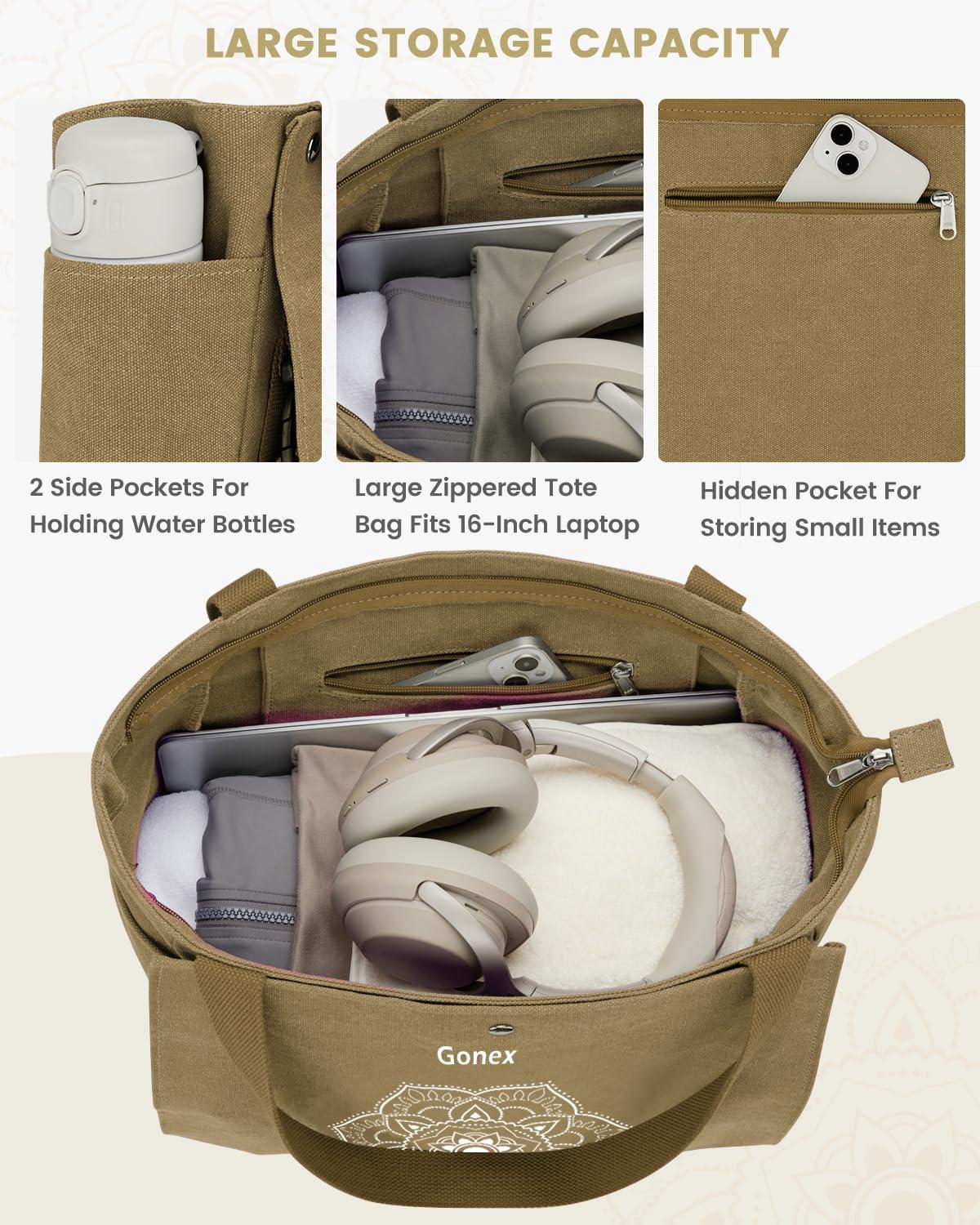 image:imageGonex Yoga Mat Bag Yoga Gym Bag Tote Bag with Multi Pockets For Women Men Canvas Yoga Mat Carrier Take in Out Mat Easily For Pilates Travel Workout OfficeDark Khaki