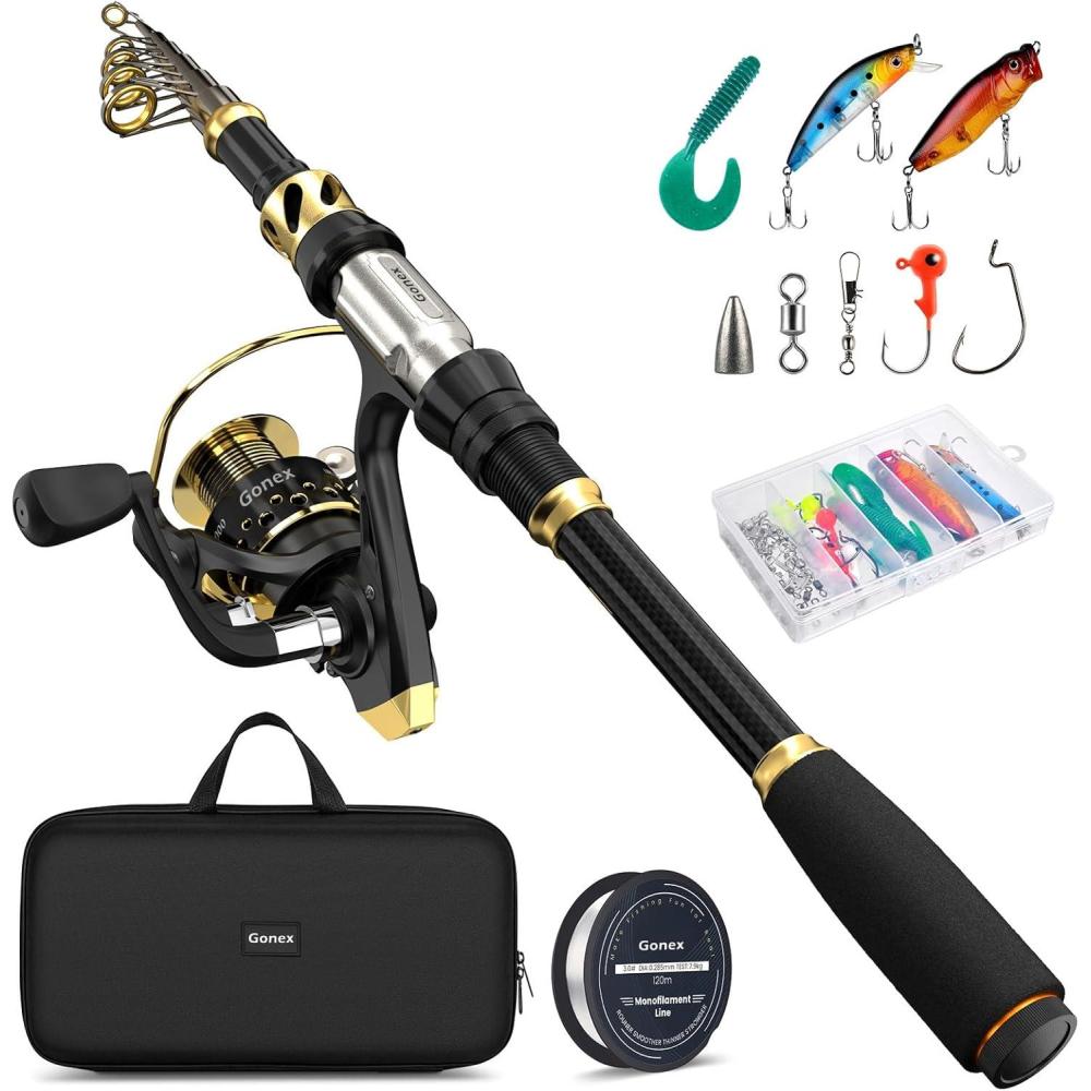 image:imageFishing Rod and Reel Combo Telescopic Pole Set with Fishing Line Fishing Lures Kit and Carrier Bag for Sea Saltwater Freshwater 6789 FeetBlack Full Kit