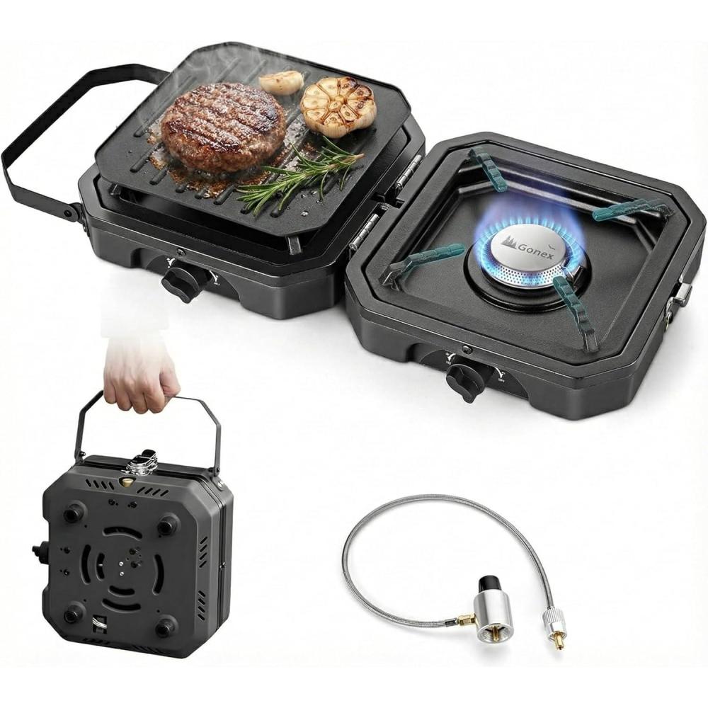 image:imageGonex 2 Burner Propane Camping Stove with Griddle amp Grates Portable Foldable Cooking Stove with Total 16000 BTU Two Piezo Ignition Adjustable Burners for Camping Patio Emergency Hiking BlackBlack