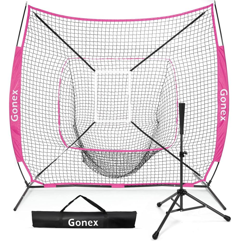 image:imageGonex 7 x 7 Baseball Softball Practice Net Set with Batting Tee for Hitting and Pitching Batting Practice Training Aid with Strike Zone Large Mouth Bow Frame Carrying BagPink Net w Black Tee