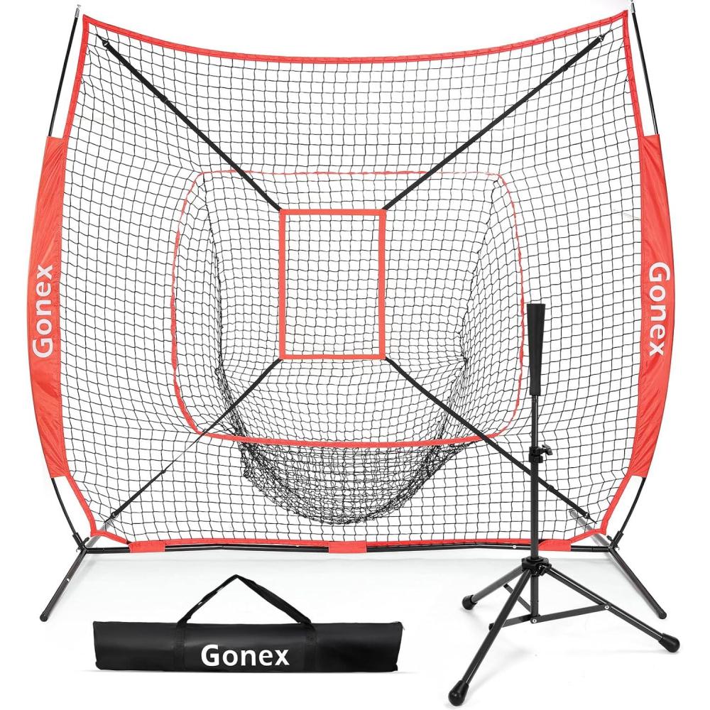 image:imageGonex 7 x 7 Baseball Softball Practice Net Set with Batting Tee for Hitting and Pitching Batting Practice Training Aid with Strike Zone Large Mouth Bow Frame Carrying BagRed Net w Black Tee