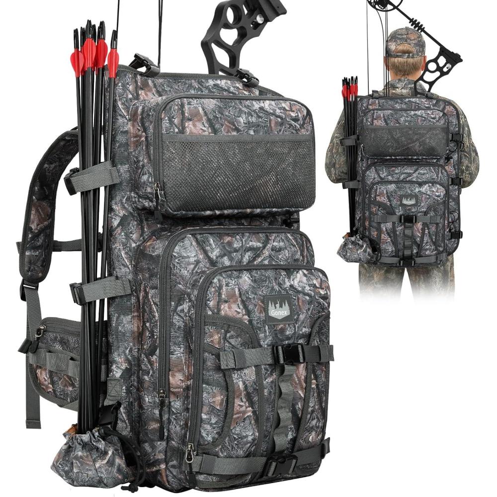 image:imageGonex Bow Hunting Backpack for Men with Detachable Arrow Tube 900D Waterproof Polyester FullPadded Protection Archery Saddle Bag with MultiPockets amp Game Hauling Straps for Compound BowCamo Grey