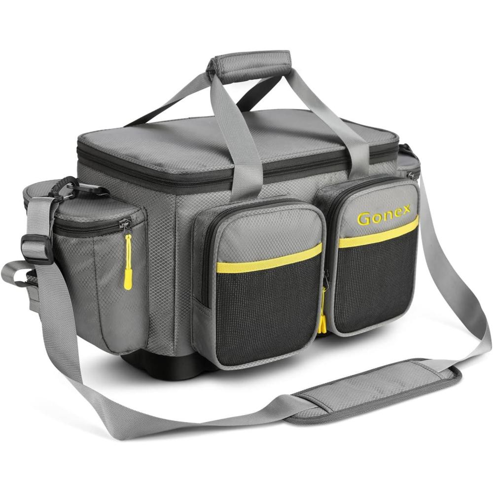 image:imageGonex Fishing Tackle Bag WaterResistant Polyester Material Fishing Tackle Storage Bag with Padded Shoulder Strap and NonSlip Base Suitable for 3600 3700 Tackle BoxGreyYellow