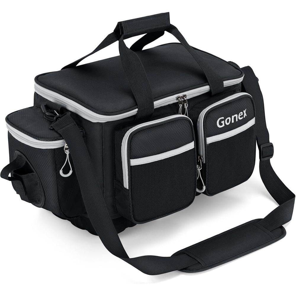 image:imageGonex Fishing Tackle Bag WaterResistant Polyester Material Fishing Tackle Storage Bag with Padded Shoulder Strap and NonSlip Base Suitable for 3600 3700 Tackle BoxBlackGrey