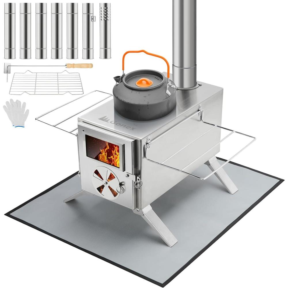 image:imageGonex Hot Tent Stove Portable Wood Burning Camping Stainless Steel Stove with Chimney Pipes for Tent Outdoor Heating Cooking Ice Fishing