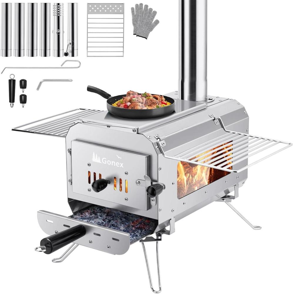 image:imageGonex Hot Tent Stove Portable Wood Burning Camping Stove with Ash Drawer amp Large Firebox for Tent Outdoor Heating Cooking Ice Fishing