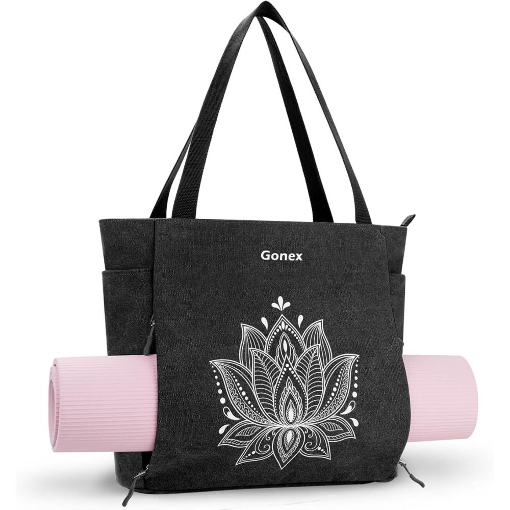 image:imageGonex Yoga Mat Bag Large Tote Bag with Multi Pockets for Women Men Canvas Mat Carrier Full Zipper Easy Access for Pilates Gym TravelBlack