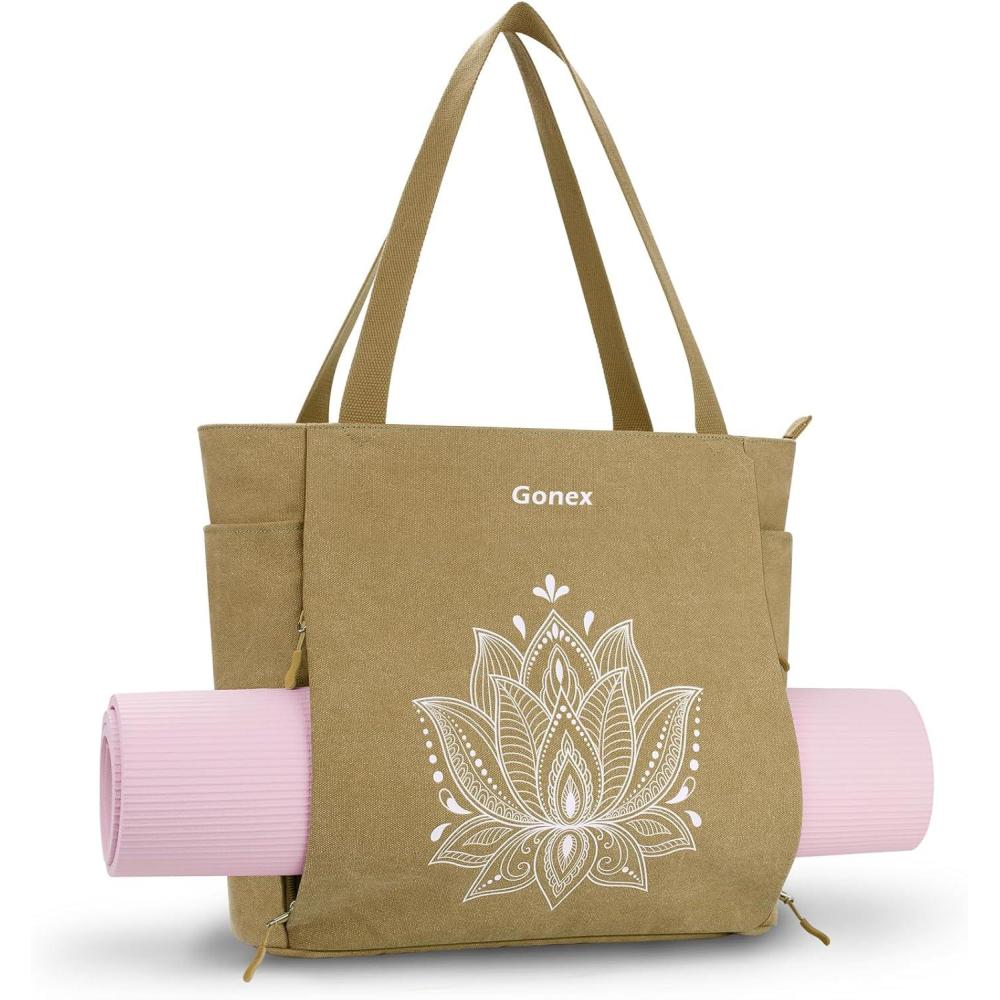 image:imageGonex Yoga Mat Bag Large Tote Bag with Multi Pockets for Women Men Canvas Mat Carrier Full Zipper Easy Access for Pilates Gym TravelDark Khaki