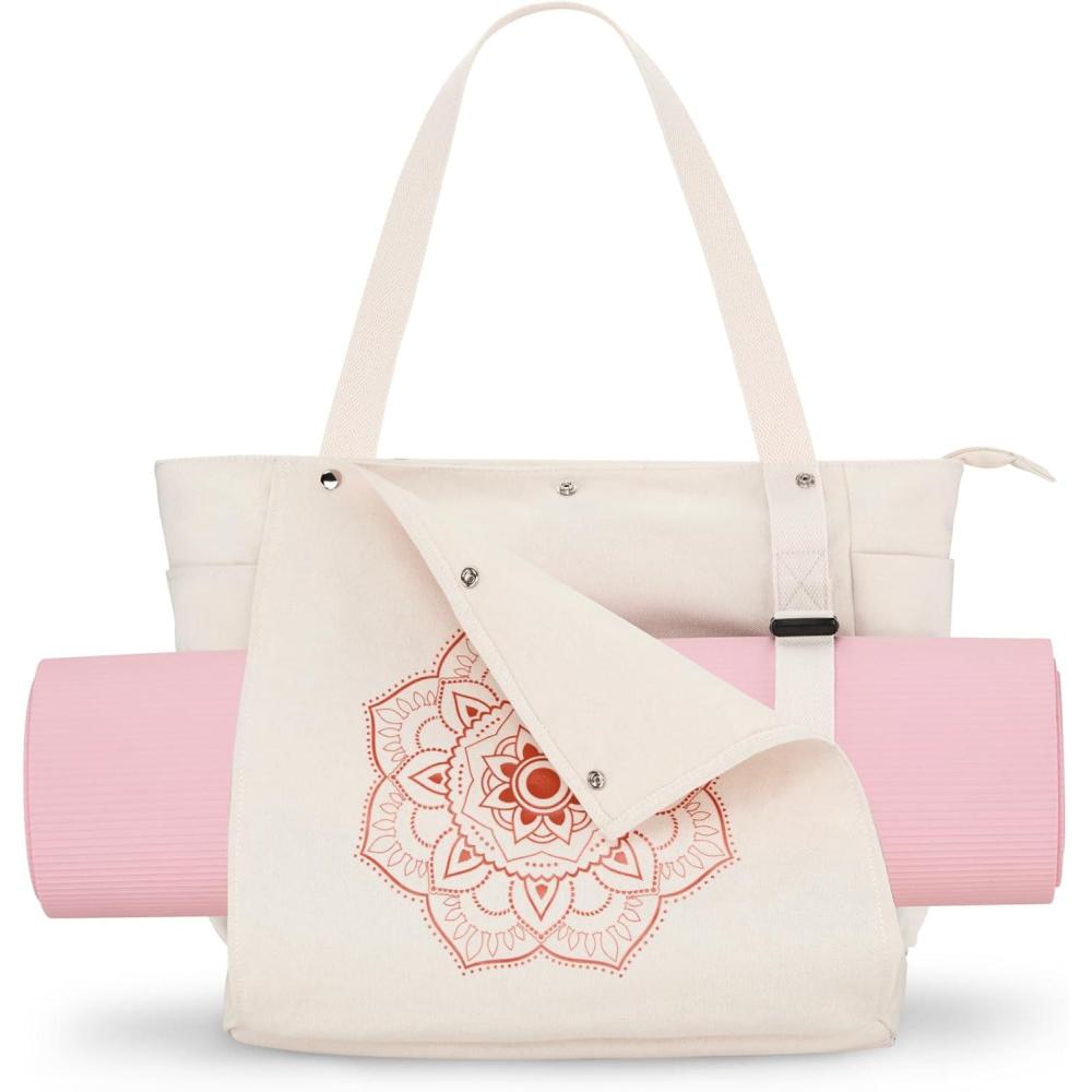 image:imageGonex Yoga Mat Bag Yoga Gym Bag Tote Bag with Multi Pockets For Women Men Canvas Yoga Mat Carrier Take in Out Mat Easily For Pilates Travel Workout OfficeBeige