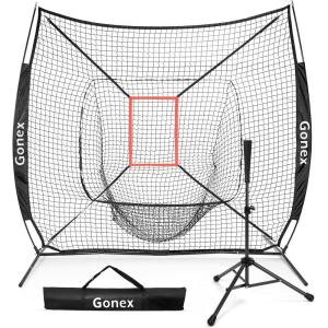 Gonex 7′ x 7′ Baseball Softball Practice Net Set with Batting Tee for Hitting and Pitching Batting, Practice Training Aid, with Strike Zone, Large Mouth, Bow Frame, Carrying Bag(Black Net w Black Tee)