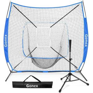 Gonex 7′ x 7′ Baseball Softball Practice Net Set with Batting Tee for Hitting and Pitching Batting, Practice Training Aid, with Strike Zone, Large Mouth, Bow Frame, Carrying Bag(Royal Net w Black Tee)