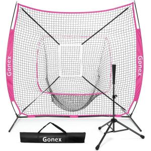 Gonex 7′ x 7′ Baseball Softball Practice Net Set with Batting Tee for Hitting and Pitching Batting, Practice Training Aid, with Strike Zone, Large Mouth, Bow Frame, Carrying Bag(Pink Net w Black Tee)