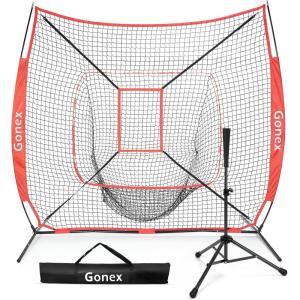 Gonex 7′ x 7′ Baseball Softball Practice Net Set with Batting Tee for Hitting and Pitching Batting, Practice Training Aid, with Strike Zone, Large Mouth, Bow Frame, Carrying Bag(Red Net w Black Tee)