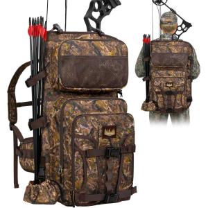 Gonex Bow Hunting Backpack for Men with Detachable Arrow Tube, 900D Waterproof Polyester, Full-Padded Protection, Archery Saddle Bag with Multi-Pockets & Game Hauling Straps for Compound Bow(Camo Brown)