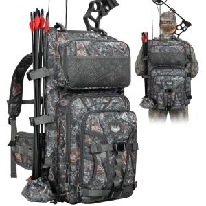 Gonex Bow Hunting Backpack for Men with Detachable Arrow Tube, 900D Waterproof Polyester, Full-Padded Protection, Archery Saddle Bag with Multi-Pockets & Game Hauling Straps for Compound Bow(Camo Grey)
