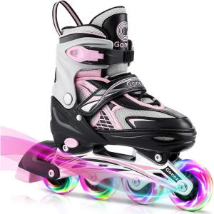 Gonex Inline Skates for Girls Boys Kids, Adjustable Skates Outdoor Blades Inline Roller Skates for Children Teens Women with Light Up Wheels for Indoor Outdoor Backyard Skating(A-Pink)