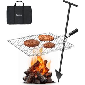 Gonex Portable Campfire Grill Grate for Fire Pit Foldable Stainless Steel Grill Height Adjustable Camping Cooking Equipment for RV Outdoor Backyard BBQ Courtyard 15.35″x18.3″