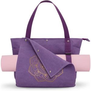 Gonex Yoga Mat Bag, Yoga Gym Bag Tote Bag with Multi Pockets For Women Men, Canvas Yoga Mat Carrier Take in Out Mat Easily For Pilates Travel Workout Office(Purple)