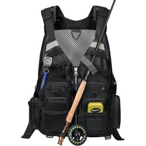 Gonex Fly Fishing Vest for Men Women, Comfortable Adjustable Fishing Vest with Multi-Pockets Reflective Stripes(Black)