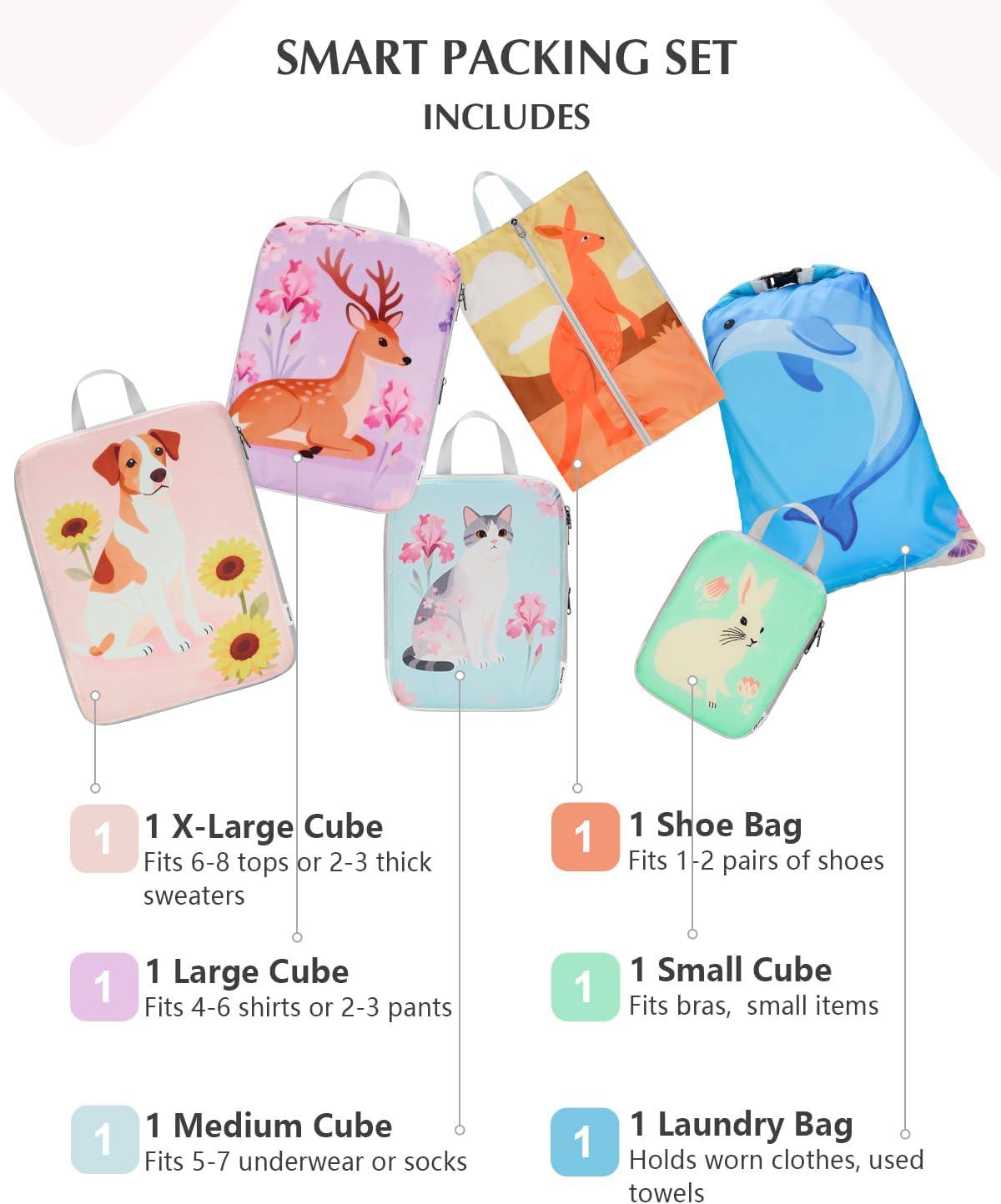 image:imageGonex Compression Packing Cubes 4pcs Expandable Storage Travel Luggage Bags Organizers Travel Cubes for Suitcase Carry On Coconut Palm6PCS Animals
