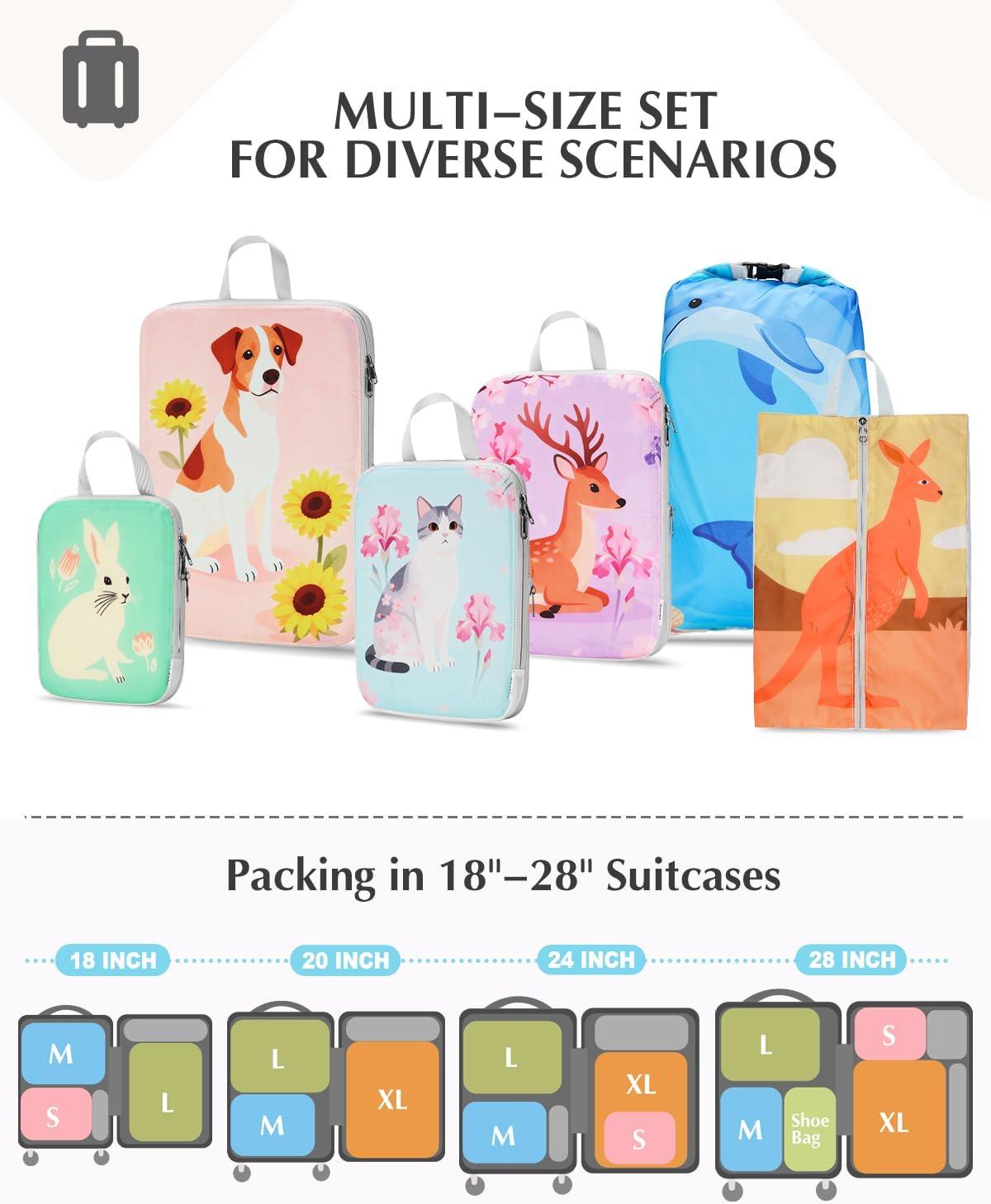 image:imageGonex Compression Packing Cubes 4pcs Expandable Storage Travel Luggage Bags Organizers Travel Cubes for Suitcase Carry On Coconut Palm6PCS Animals