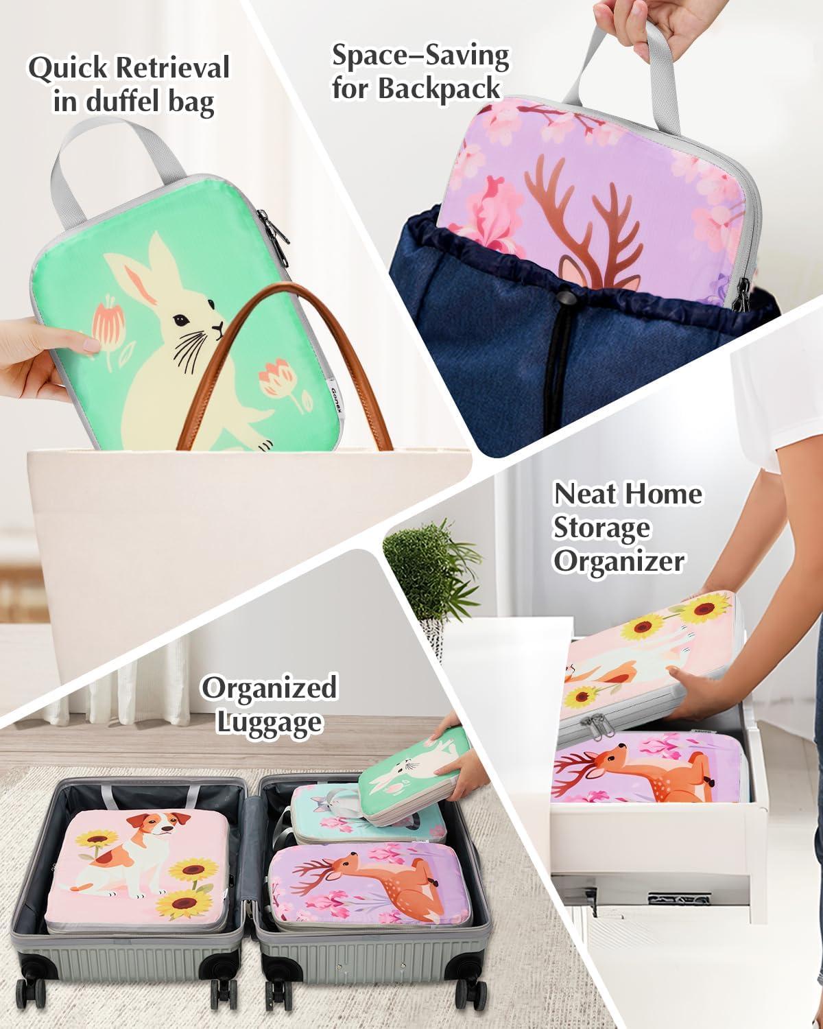 image:imageGonex Compression Packing Cubes 4pcs Expandable Storage Travel Luggage Bags Organizers Travel Cubes for Suitcase Carry On Coconut Palm6PCS Animals