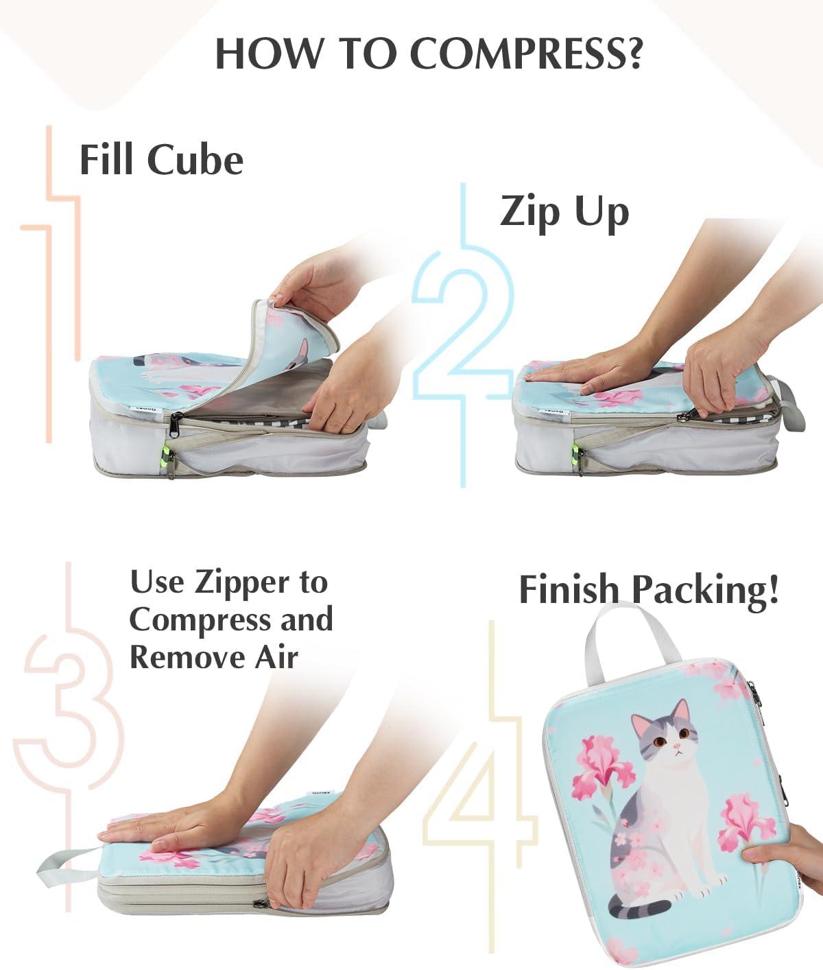 image:imageGonex Compression Packing Cubes 4pcs Expandable Storage Travel Luggage Bags Organizers Travel Cubes for Suitcase Carry On Coconut Palm6PCS Animals