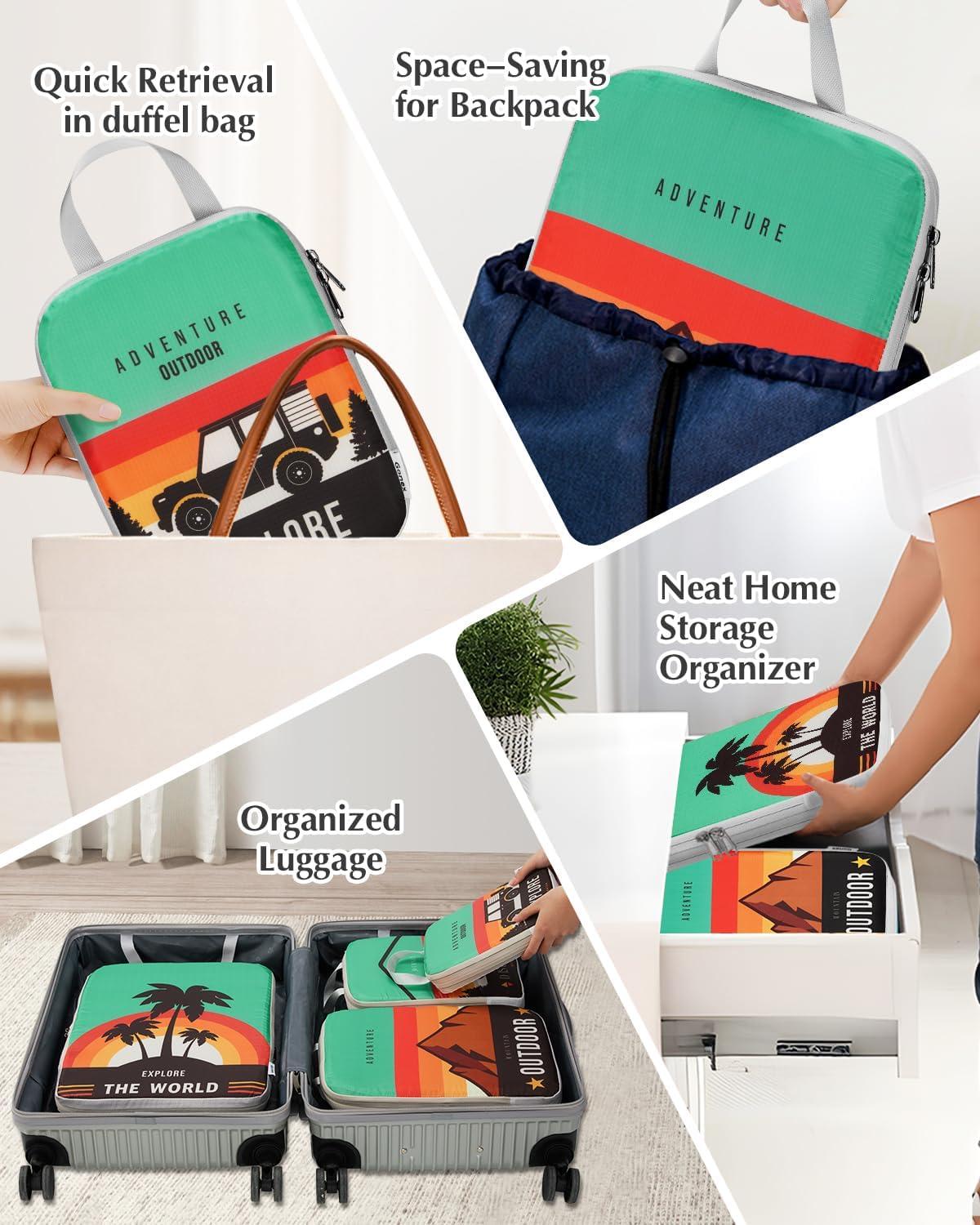 image:imageGonex Compression Packing Cubes 4pcs Expandable Storage Travel Luggage Bags Organizers Travel Cubes for Suitcase Carry On Coconut Palm6PCS Outdoor Exploration