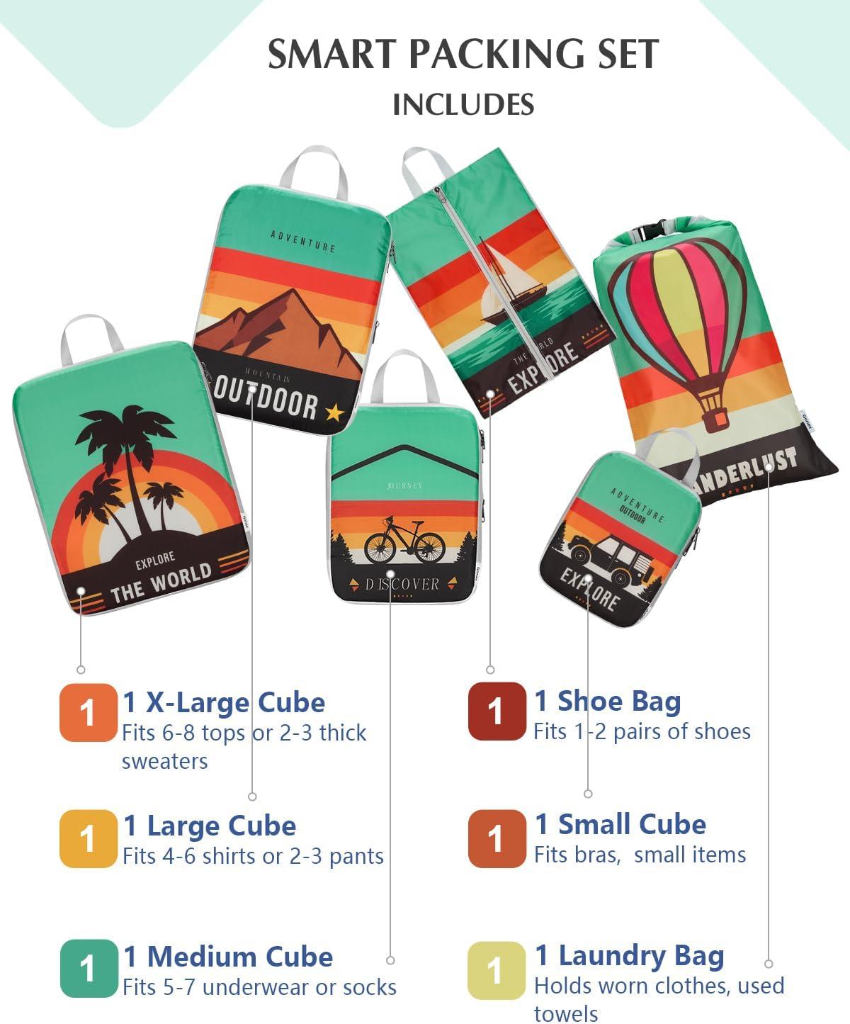 image:imageGonex Compression Packing Cubes 4pcs Expandable Storage Travel Luggage Bags Organizers Travel Cubes for Suitcase Carry On Coconut Palm6PCS Outdoor Exploration