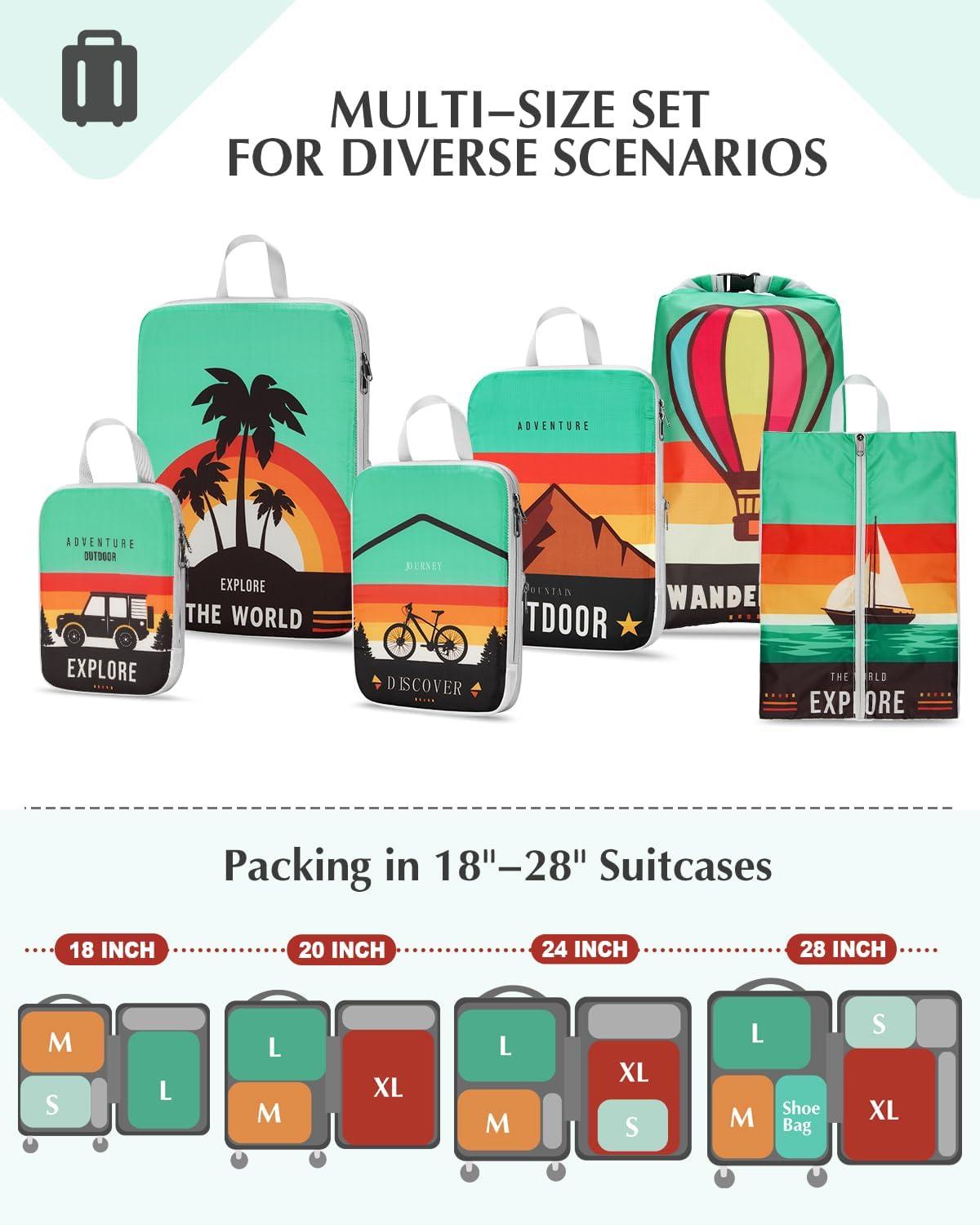 image:imageGonex Compression Packing Cubes 4pcs Expandable Storage Travel Luggage Bags Organizers Travel Cubes for Suitcase Carry On Coconut Palm6PCS Outdoor Exploration