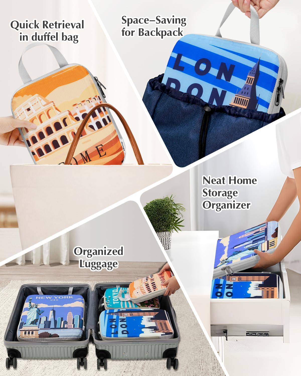 image:imageGonex Compression Packing Cubes 4pcs Expandable Storage Travel Luggage Bags Organizers Travel Cubes for Suitcase Carry On Coconut Palm6PCS Urban Landscape