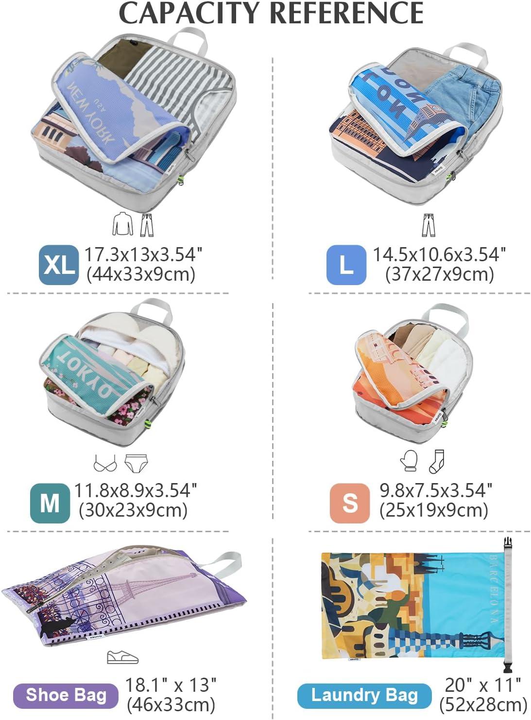 image:imageGonex Compression Packing Cubes 4pcs Expandable Storage Travel Luggage Bags Organizers Travel Cubes for Suitcase Carry On Coconut Palm6PCS Urban Landscape
