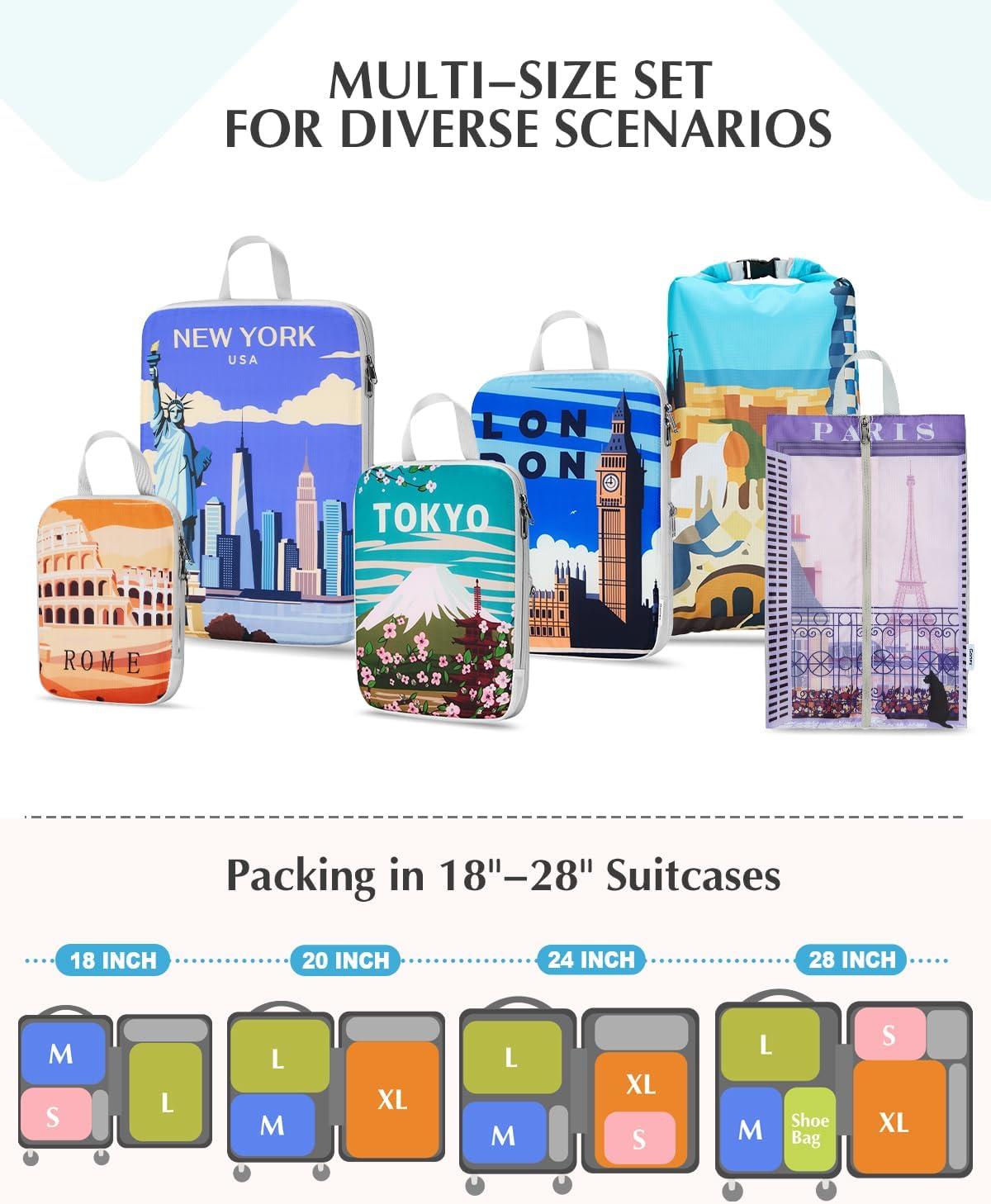 image:imageGonex Compression Packing Cubes 4pcs Expandable Storage Travel Luggage Bags Organizers Travel Cubes for Suitcase Carry On Coconut Palm6PCS Urban Landscape