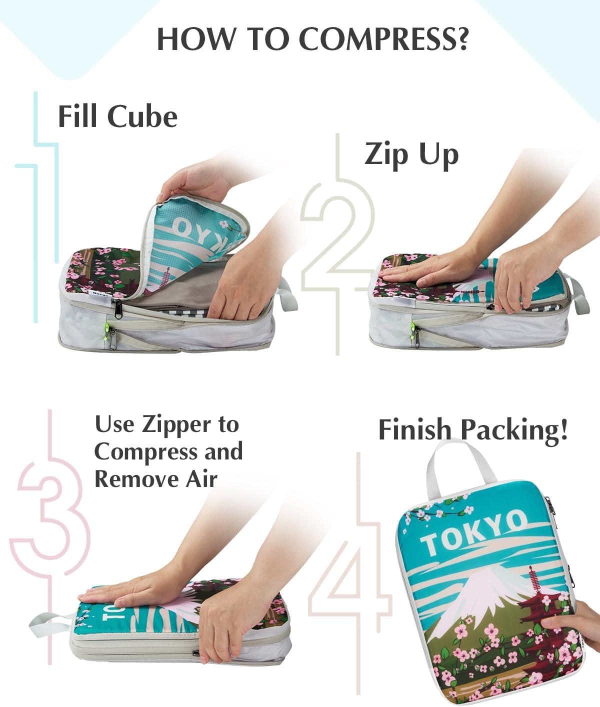 image:imageGonex Compression Packing Cubes 4pcs Expandable Storage Travel Luggage Bags Organizers Travel Cubes for Suitcase Carry On Coconut Palm6PCS Urban Landscape
