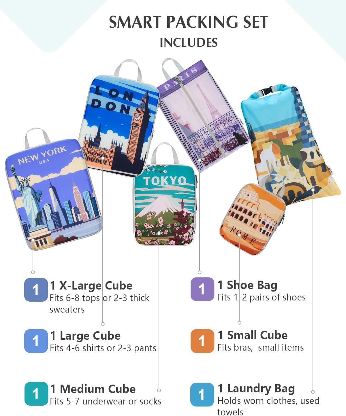 image:imageGonex Compression Packing Cubes 4pcs Expandable Storage Travel Luggage Bags Organizers Travel Cubes for Suitcase Carry On Coconut Palm6PCS Urban Landscape