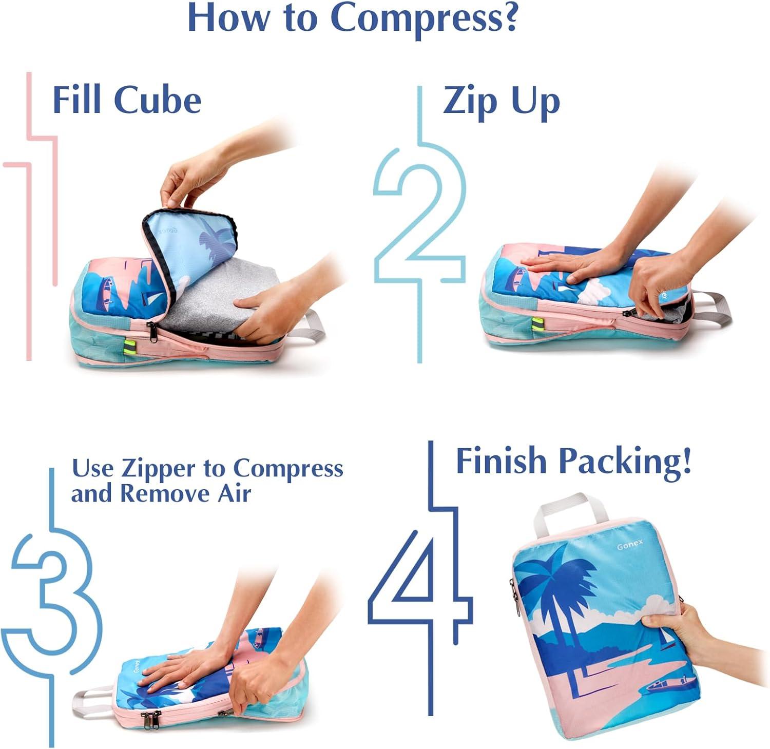image:imageGonex Compression Packing Cubes 4pcs Expandable Storage Travel Luggage Bags Organizers Travel Cubes for Suitcase Carry On Coconut PalmCoconut Palm