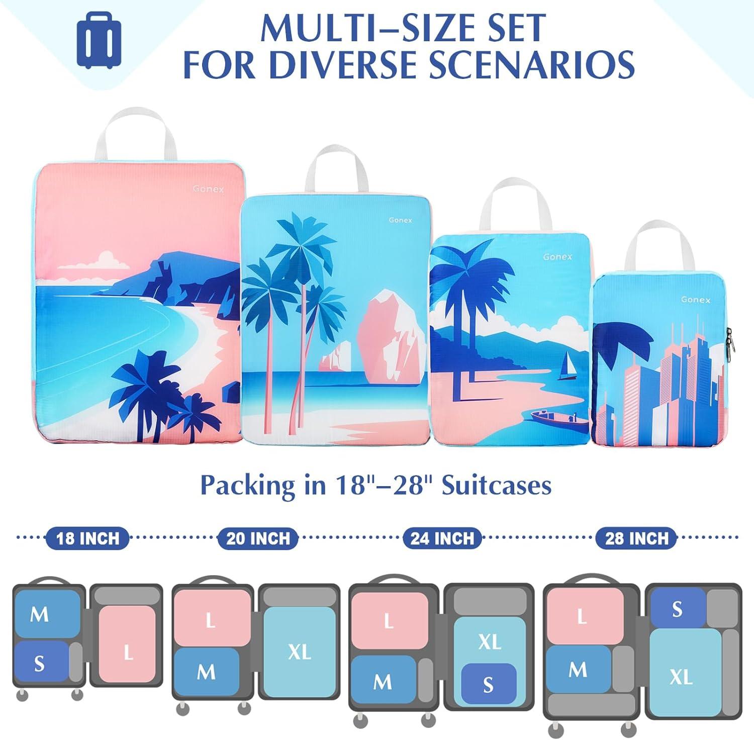 image:imageGonex Compression Packing Cubes 4pcs Expandable Storage Travel Luggage Bags Organizers Travel Cubes for Suitcase Carry On Coconut PalmCoconut Palm