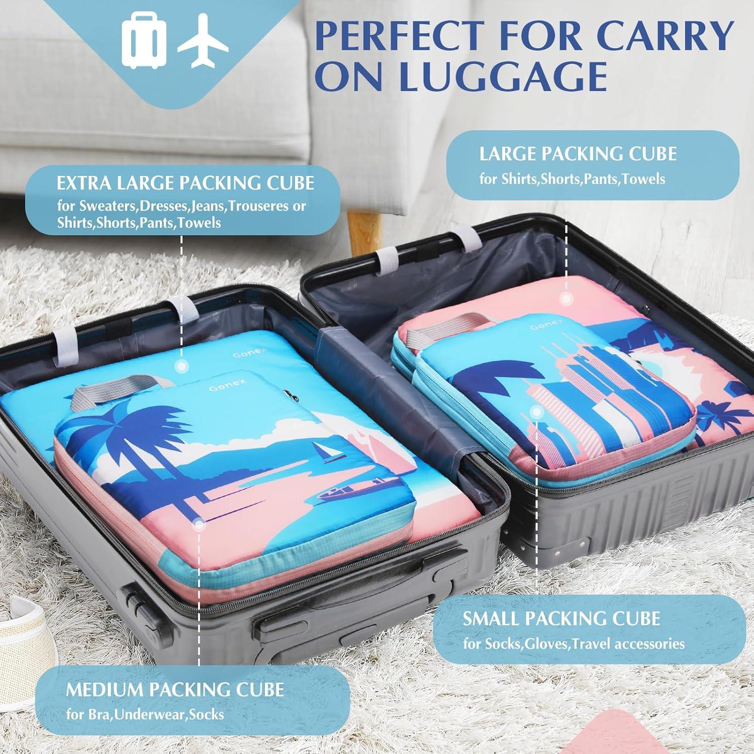 image:imageGonex Compression Packing Cubes 4pcs Expandable Storage Travel Luggage Bags Organizers Travel Cubes for Suitcase Carry On Coconut PalmCoconut Palm