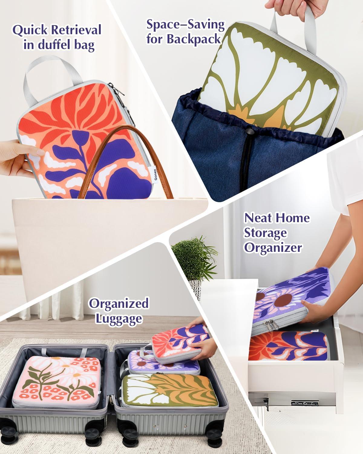 image:imageGonex Compression Packing Cubes 4pcs Expandable Storage Travel Luggage Bags Organizers Travel Cubes for Suitcase Carry On Coconut PalmFlowers