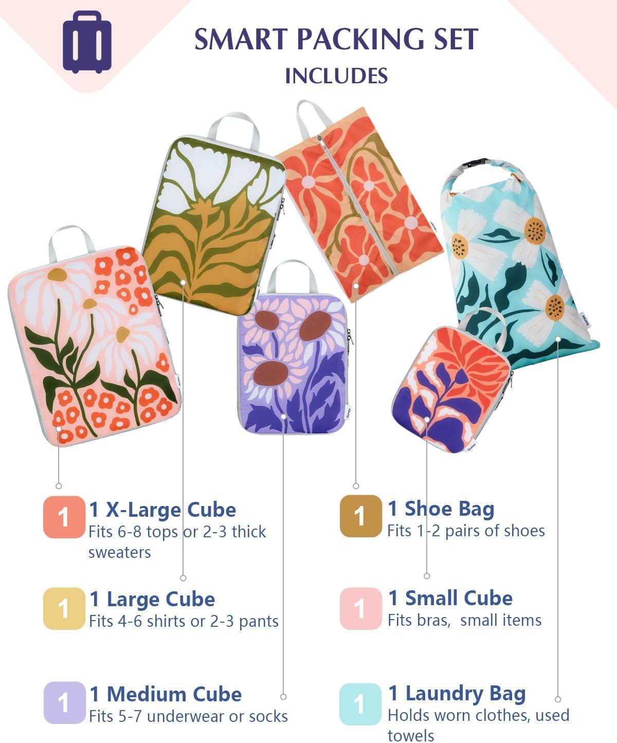 image:imageGonex Compression Packing Cubes 4pcs Expandable Storage Travel Luggage Bags Organizers Travel Cubes for Suitcase Carry On Coconut PalmFlowers
