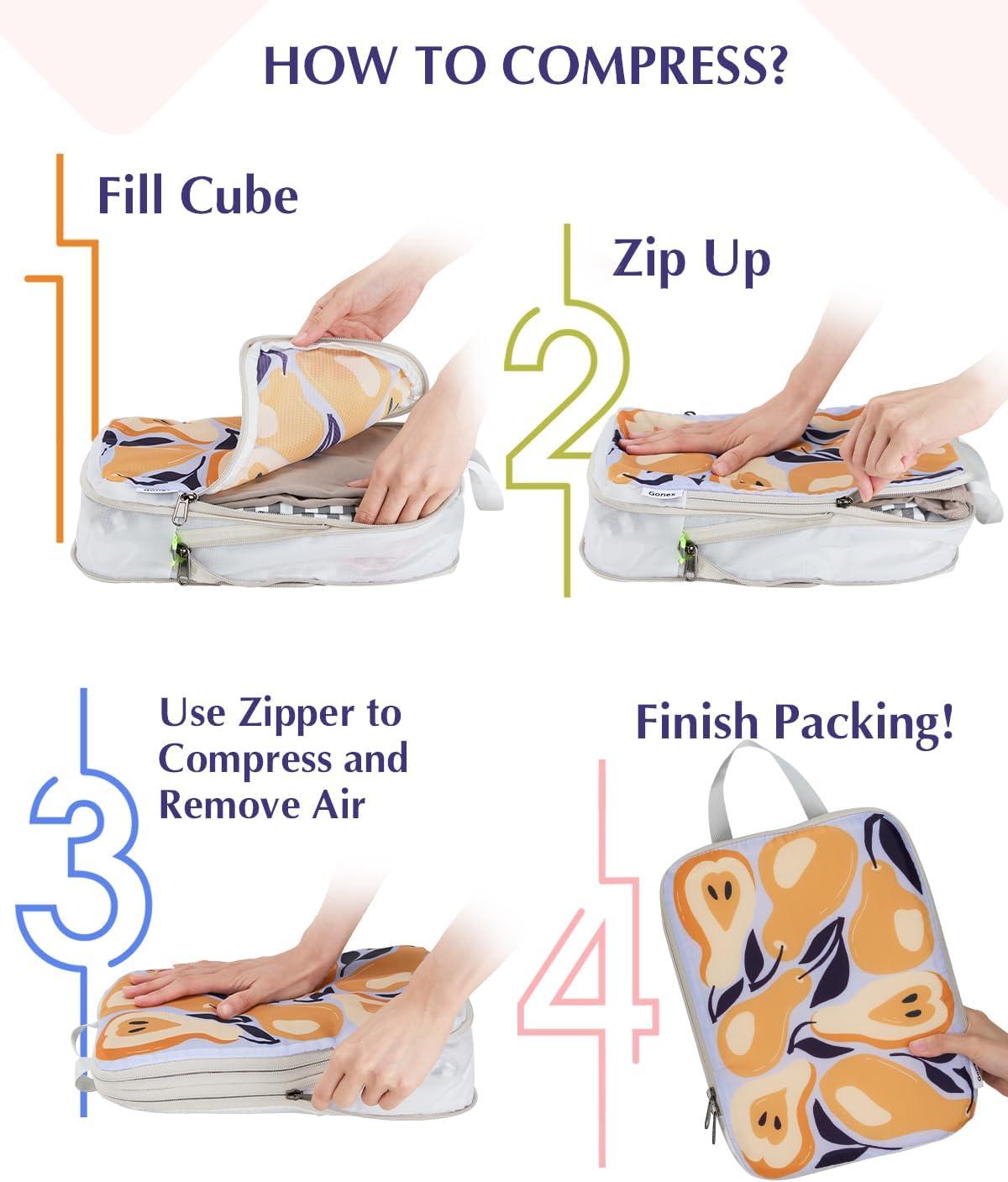 image:imageGonex Compression Packing Cubes 4pcs Expandable Storage Travel Luggage Bags Organizers Travel Cubes for Suitcase Carry On Coconut PalmFruit