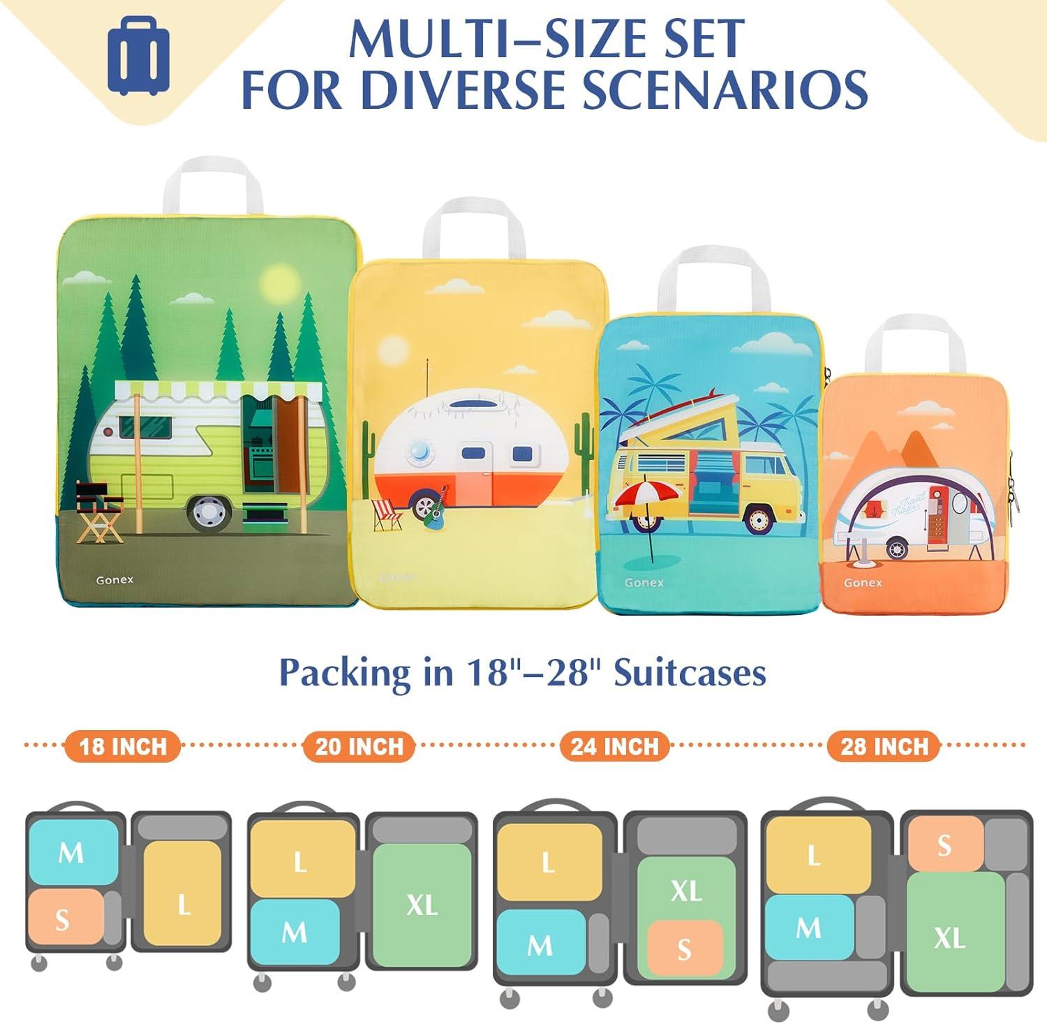 image:imageGonex Compression Packing Cubes 4pcs Expandable Storage Travel Luggage Bags Organizers Travel Cubes for Suitcase Carry On Coconut PalmRV
