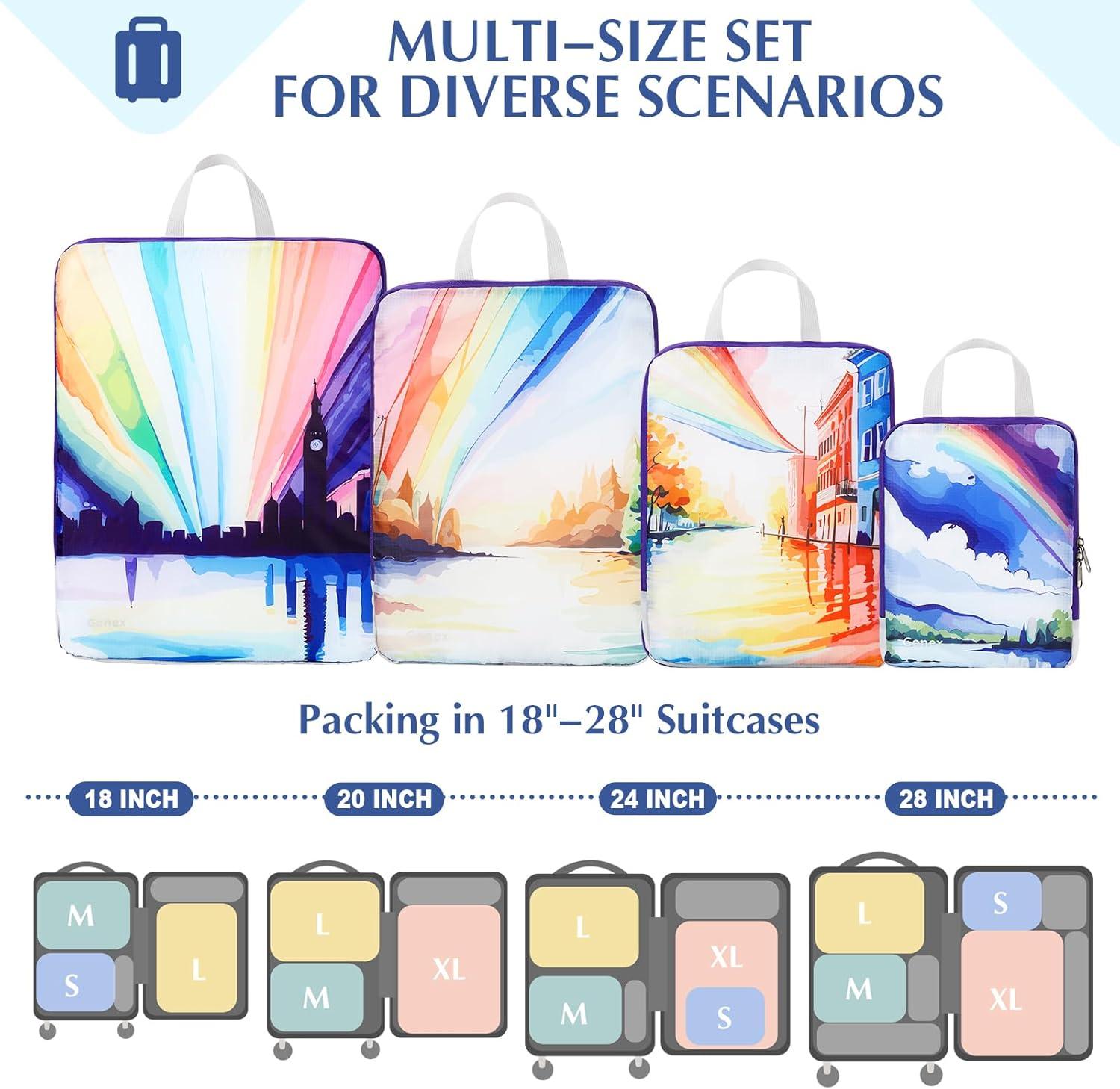 image:imageGonex Compression Packing Cubes 4pcs Expandable Storage Travel Luggage Bags Organizers Travel Cubes for Suitcase Carry On Coconut PalmRainbow