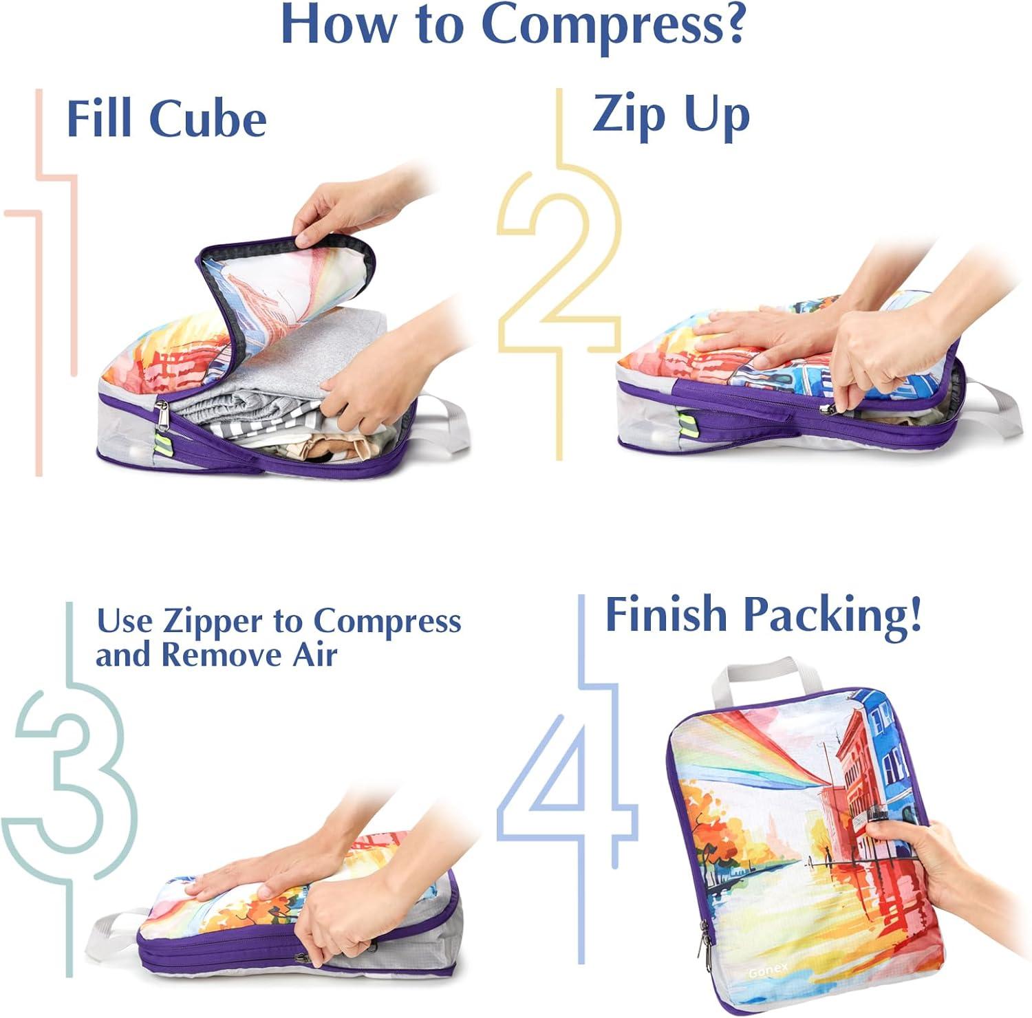 image:imageGonex Compression Packing Cubes 4pcs Expandable Storage Travel Luggage Bags Organizers Travel Cubes for Suitcase Carry On Coconut PalmRainbow