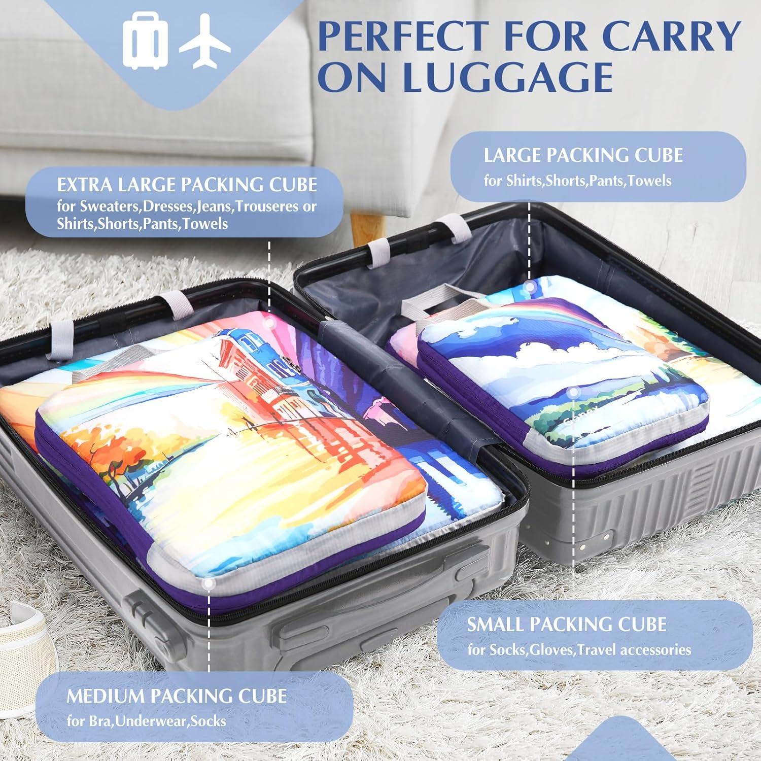 image:imageGonex Compression Packing Cubes 4pcs Expandable Storage Travel Luggage Bags Organizers Travel Cubes for Suitcase Carry On Coconut PalmRainbow