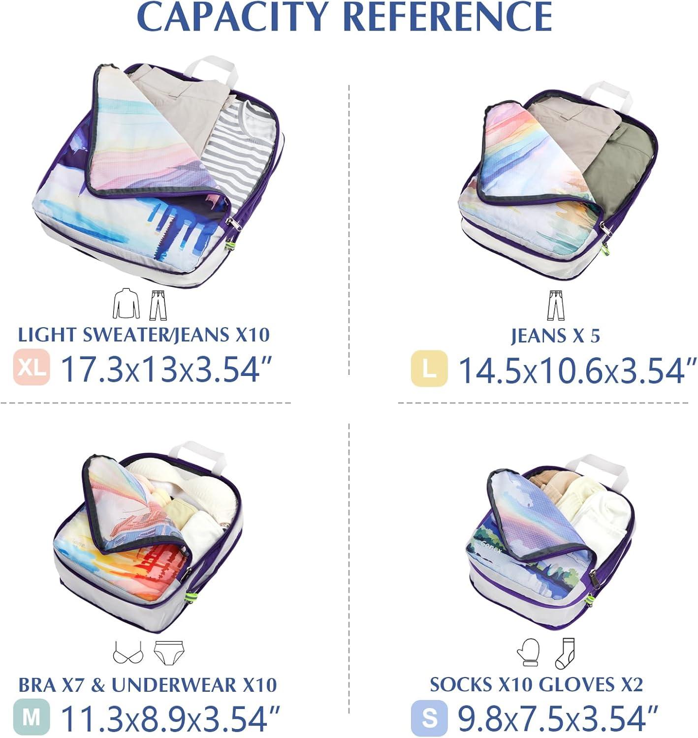 image:imageGonex Compression Packing Cubes 4pcs Expandable Storage Travel Luggage Bags Organizers Travel Cubes for Suitcase Carry On Coconut PalmRainbow